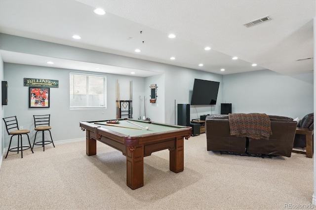 10029 Winterthur Ct, Highlands Ranch, CO 80129 - game room with light colored carpet, pool table, visible vents, recessed lighting, and baseboards