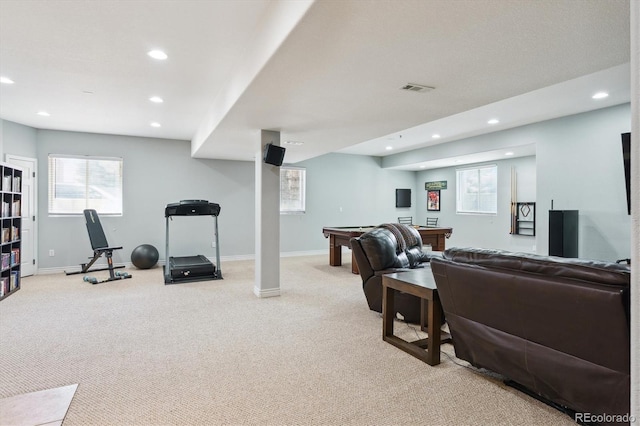 10029 Winterthur Ct, Highlands Ranch, CO 80129 - living area featuring light colored carpet, pool table, visible vents, recessed lighting, and baseboards