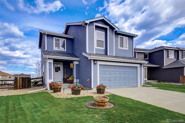 view of property with a garage and a front lawn