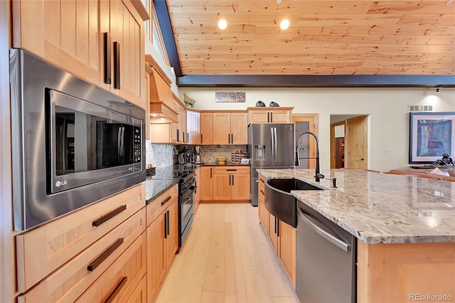 14564 Reserve Rd, Pine, CO 80470 - kitchen featuring appliances with stainless steel finishes, wooden ceiling, light brown cabinets, a sink, and an island with sink