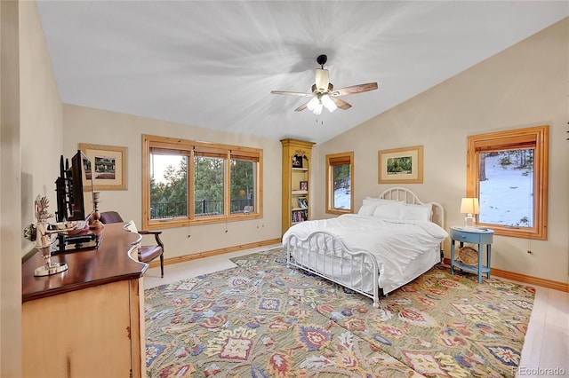 14564 Reserve Rd, Pine, CO 80470 - bedroom with lofted ceiling, baseboards, and ceiling fan