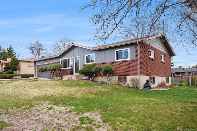 ranch-style home with board and batten siding, a garage, brick siding, fence, and a front lawn