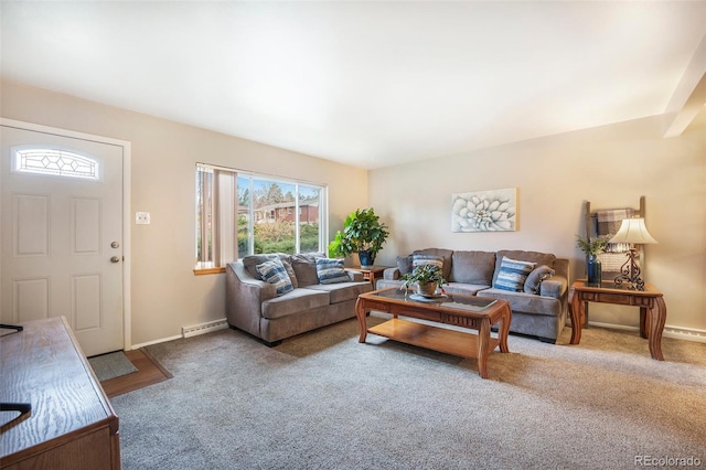 living area with baseboards, carpet, and baseboard heating