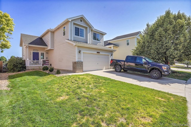 10521 Taylor Ave, Firestone, CO 80504 - view of front of house with an attached garage, concrete driveway, a front yard, and brick siding