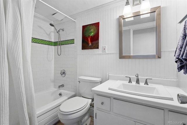 1121 Albion St Unit 210, Denver, CO 80220 - bathroom with shower / bath combination with curtain, vanity, toilet, and crown molding