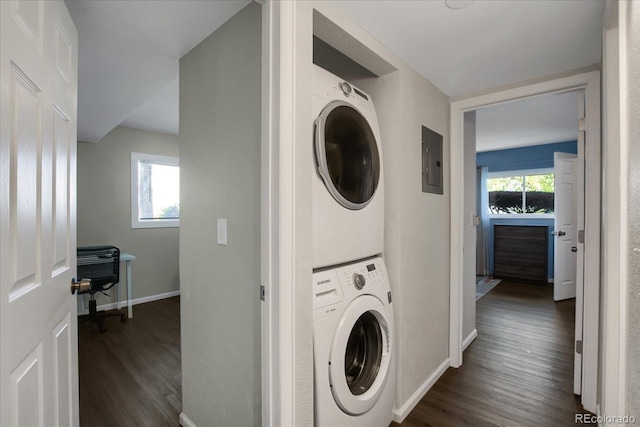 519 Wright St Unit 108, Lakewood, CO 80228 - washroom with stacked washer and clothes dryer, electric panel, dark wood finished floors, and baseboards