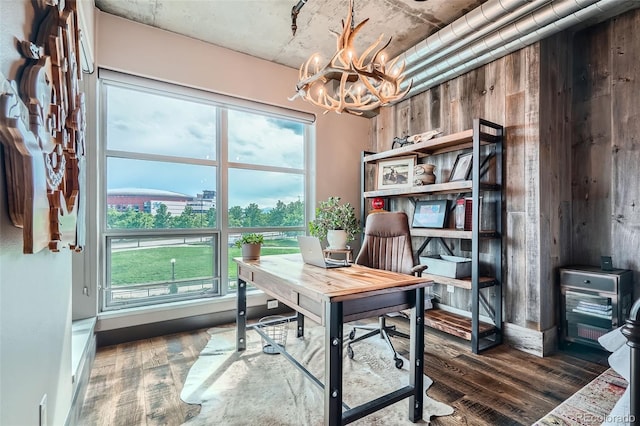 1401 Wewatta St Unit 308, Denver, CO 80202 - office space featuring wood finished floors, a chandelier, healthy amount of natural light, and wooden walls
