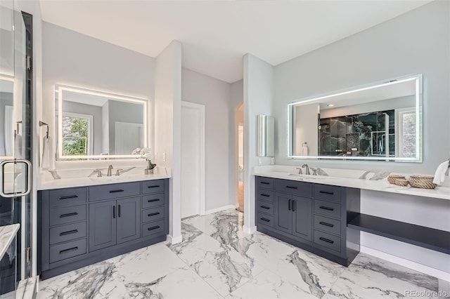 22019 E Arbor Dr, Aurora, CO 80016 - bathroom featuring two vanities and marble look tiles