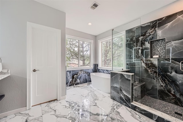 22019 E Arbor Dr, Aurora, CO 80016 - bathroom with a freestanding tub, a marble finish shower, marble finish flooring, and recessed lighting