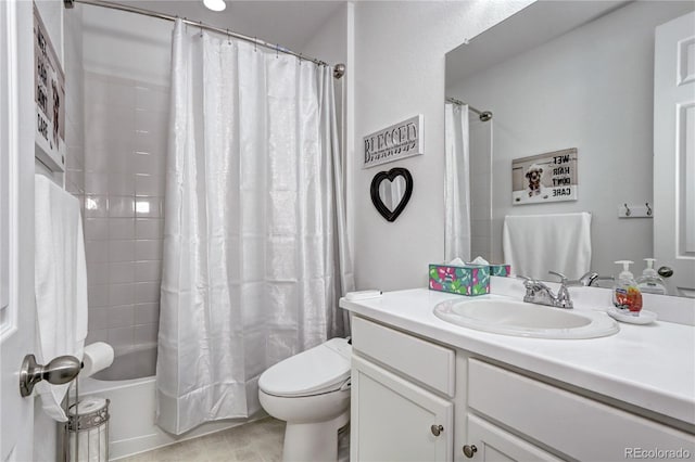 full bath featuring toilet, shower / tub combo with curtain, and vanity