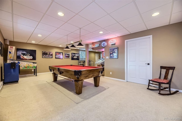 game room with pool table, baseboards, carpet flooring, a paneled ceiling, and recessed lighting