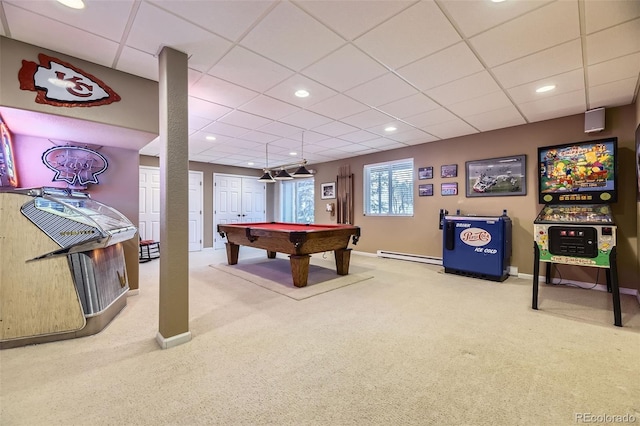 2522 W Dry Creek Ct, Littleton, CO 80120 - recreation room featuring carpet floors, a drop ceiling, a baseboard radiator, billiards table, and baseboards