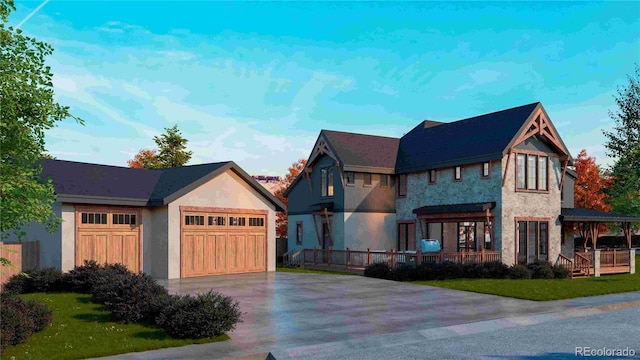 view of front of property with stucco siding, driveway, a front lawn, stone siding, and a garage