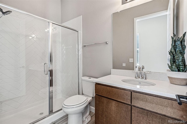 bathroom featuring toilet, a shower stall, and vanity