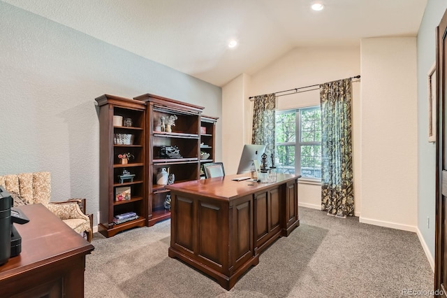 14118 Whitney Cir, Broomfield, CO 80023 - home office featuring lofted ceiling, carpet floors, and recessed lighting