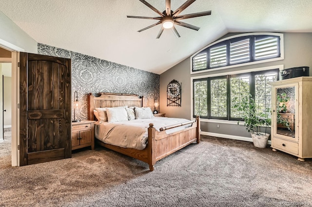 14118 Whitney Cir, Broomfield, CO 80023 - bedroom with vaulted ceiling, wallpapered walls, carpet, multiple windows, and a textured ceiling