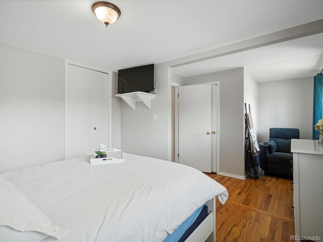 bedroom featuring wood finished floors, baseboards, and a closet
