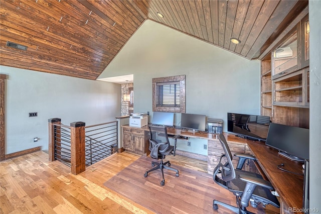 office area with built in features, wood ceiling, high vaulted ceiling, and wood finished floors