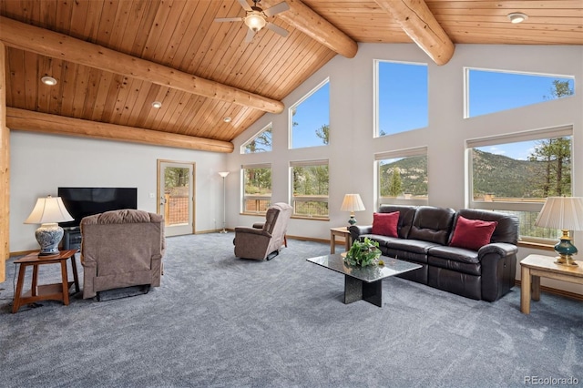 29004 Amerind Springs Trl, Pine, CO 80470 - living room featuring carpet floors, a wood ceiling with exposed beams, a ceiling fan, recessed lighting, and high vaulted ceiling