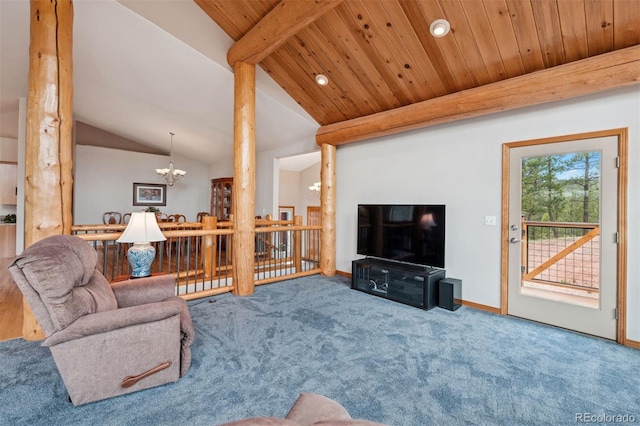29004 Amerind Springs Trl, Pine, CO 80470 - carpeted living area with wooden ceiling, a chandelier, and recessed lighting