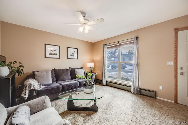 carpeted living room with ceiling fan and a baseboard radiator