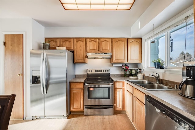 kitchen with stainless steel appliances, sink, and light hardwood / wood-style flooring