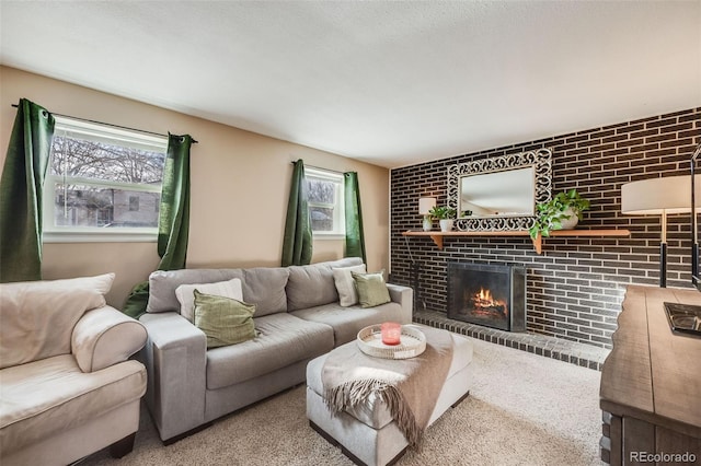 carpeted living room with a fireplace