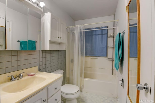 9766 Fillmore St, Thornton, CO 80229 - full bathroom featuring vanity, shower / tub combo with curtain, and backsplash