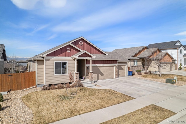 6817 Sequoia St, Frederick, CO 80530 - craftsman-style house with an attached garage, board and batten siding, fence, and driveway