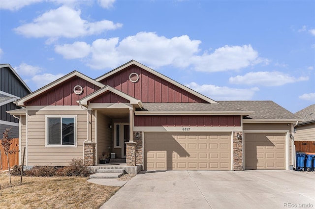 6817 Sequoia St, Frederick, CO 80530 - view of front of property featuring board and batten siding, roof with shingles, fence, concrete driveway, and an attached garage