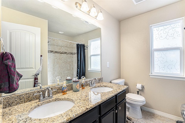 6817 Sequoia St, Frederick, CO 80530 - bathroom with toilet, tile patterned floors, a sink, and a shower with curtain