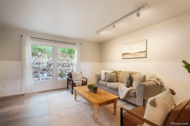 404 Raspberry Ln, Monument, CO 80132 - living area featuring track lighting, a wainscoted wall, and light wood-style floors