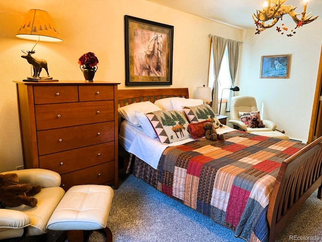 carpeted bedroom with an inviting chandelier