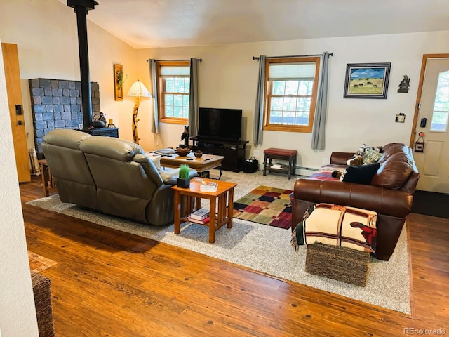 living room featuring a wood stove, wood-type flooring, and a wealth of natural light