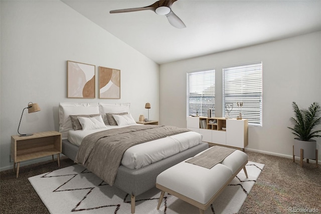 carpeted bedroom featuring ceiling fan, baseboards, and vaulted ceiling