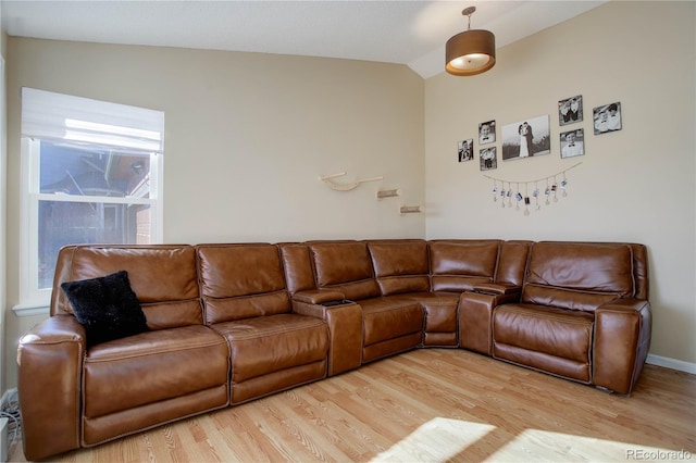 living room featuring wood-type flooring and vaulted ceiling