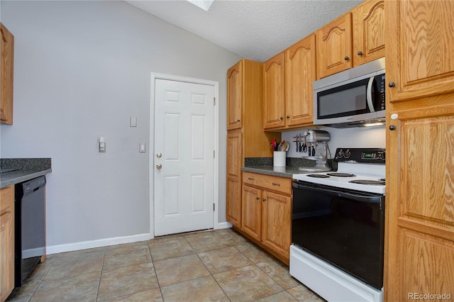 kitchen featuring black dishwasher, white range with electric stovetop, a textured ceiling, lofted ceiling, and light tile patterned flooring