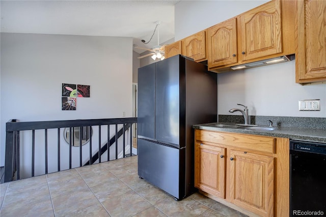 kitchen featuring ceiling fan, sink, vaulted ceiling, light tile patterned floors, and black appliances