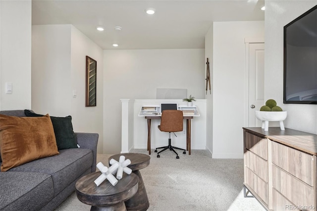interior space featuring carpet floors, baseboards, and recessed lighting