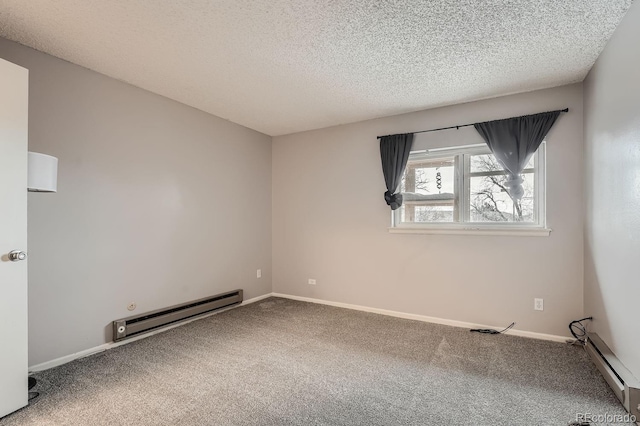 unfurnished room featuring a baseboard radiator, carpet, and a textured ceiling