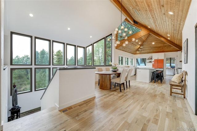 kitchen with a kitchen island, wood ceiling, white cabinets, light wood-style floors, and a kitchen breakfast bar