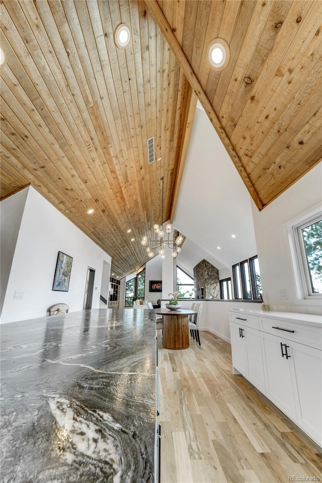 interior space featuring visible vents, light wood-style floors, wood ceiling, white cabinetry, and vaulted ceiling