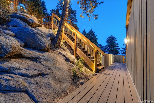 deck featuring stairs