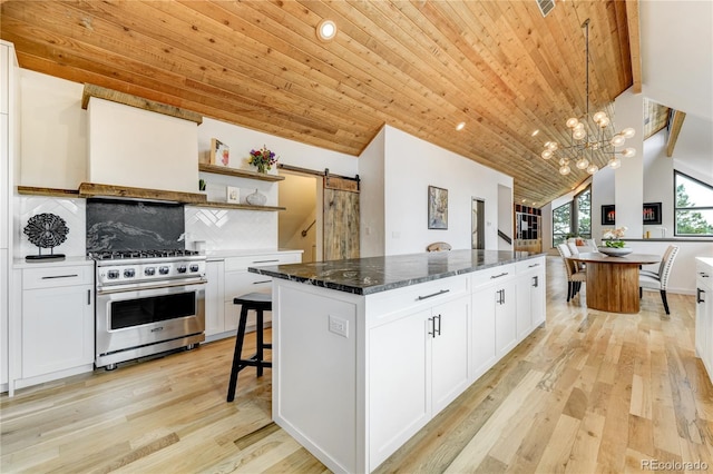 kitchen with light wood finished floors, a barn door, high end stainless steel range, and wood ceiling