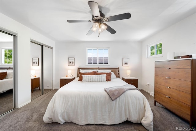 7371 Otis Ct, Arvada, CO 80003 - carpeted bedroom with two closets, a ceiling fan, and baseboards