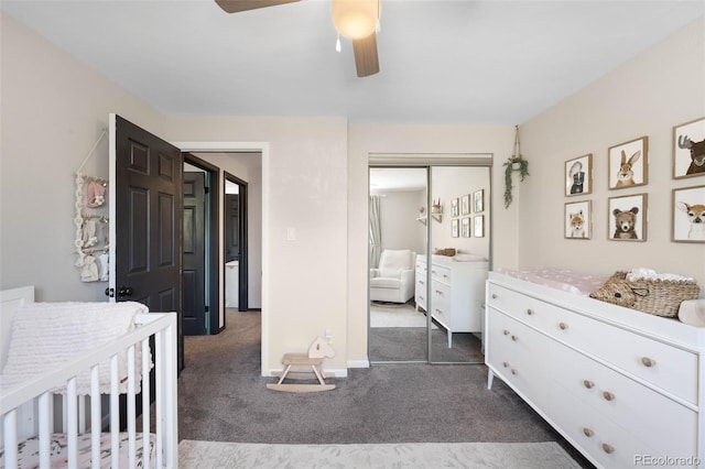 7371 Otis Ct, Arvada, CO 80003 - bedroom with a closet, dark colored carpet, ceiling fan, and baseboards