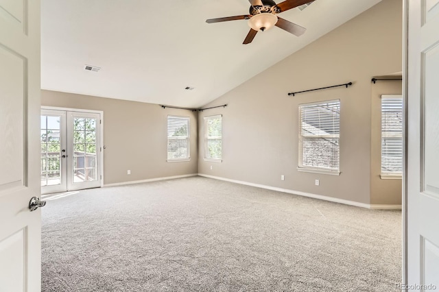 1905 Graphite Ct, Castle Rock, CO 80108 - spare room featuring carpet, high vaulted ceiling, french doors, and ceiling fan