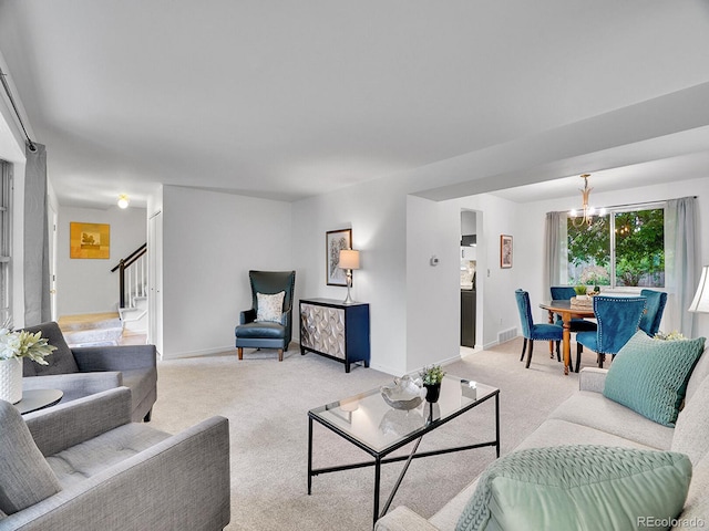 4670 E Euclid Cir, Centennial, CO 80121 - living area featuring stairs, light carpet, baseboards, and a chandelier