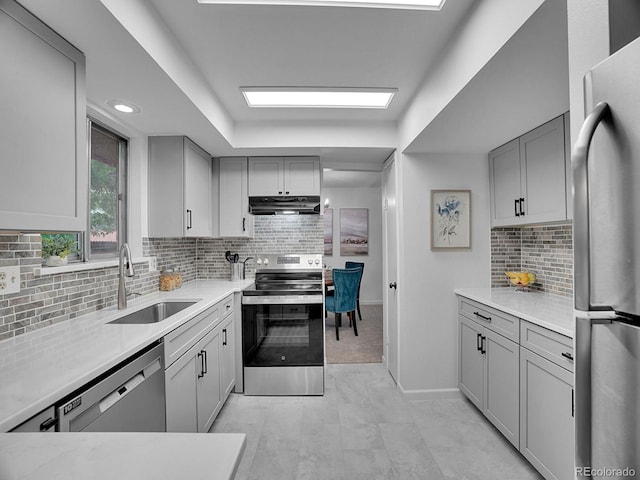 4670 E Euclid Cir, Centennial, CO 80121 - kitchen featuring appliances with stainless steel finishes, a sink, under cabinet range hood, gray cabinetry, and backsplash