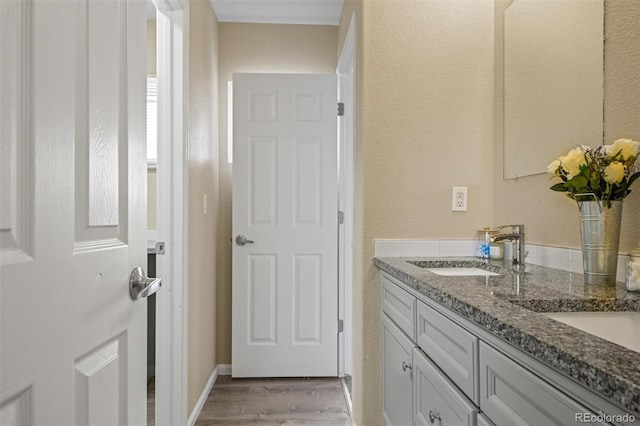 bathroom featuring hardwood / wood-style floors and vanity